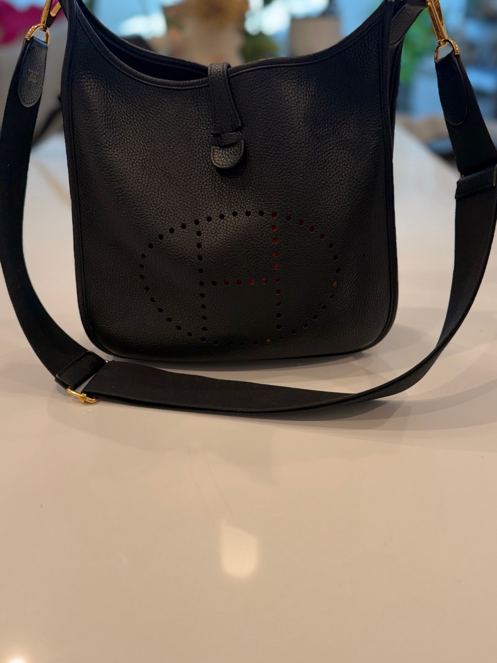 Hermes Black Perforated Evelyne Messenger Bag with Gold Hardware